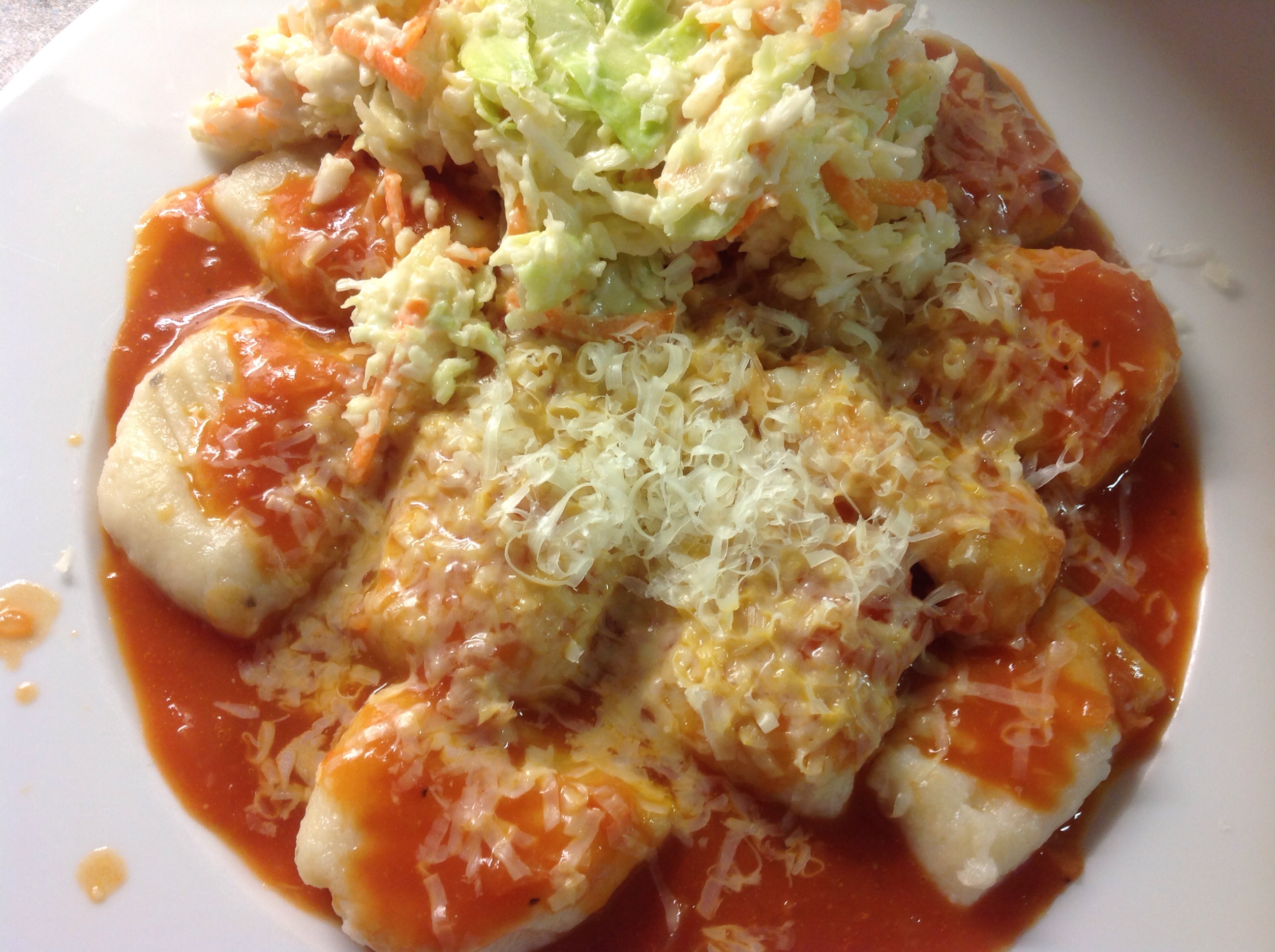 Gnocchi made with dried mash! Served with tomato sauce 15p a serving