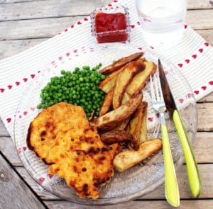 sweetcorn fritters, chips and peas