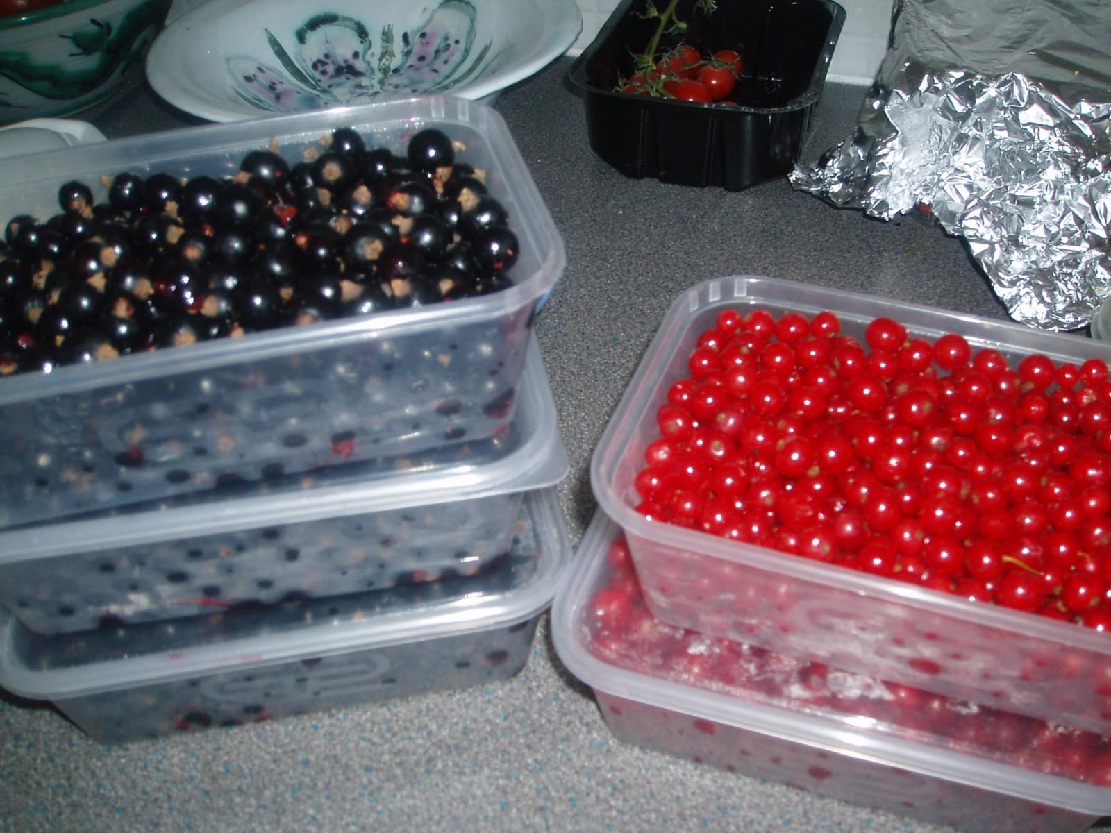 red and black currants in plastic boxes.
