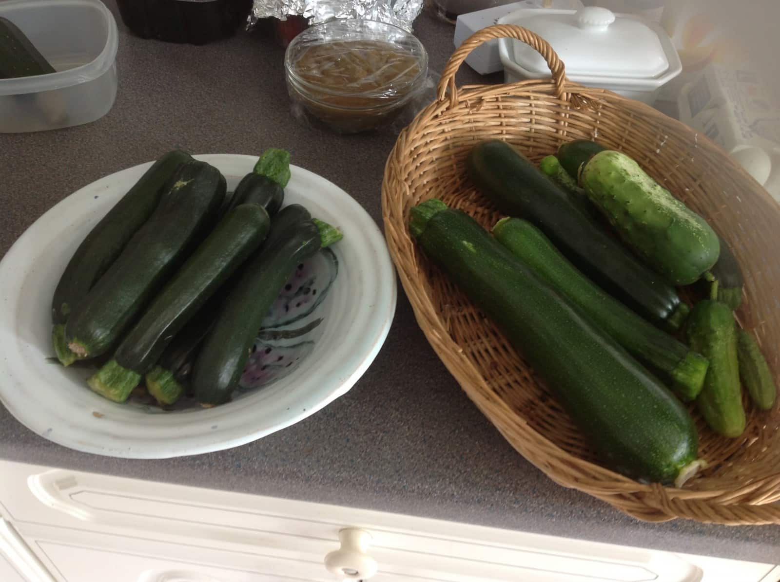 The courgette harvest today. A dish and a basket of courgettes.