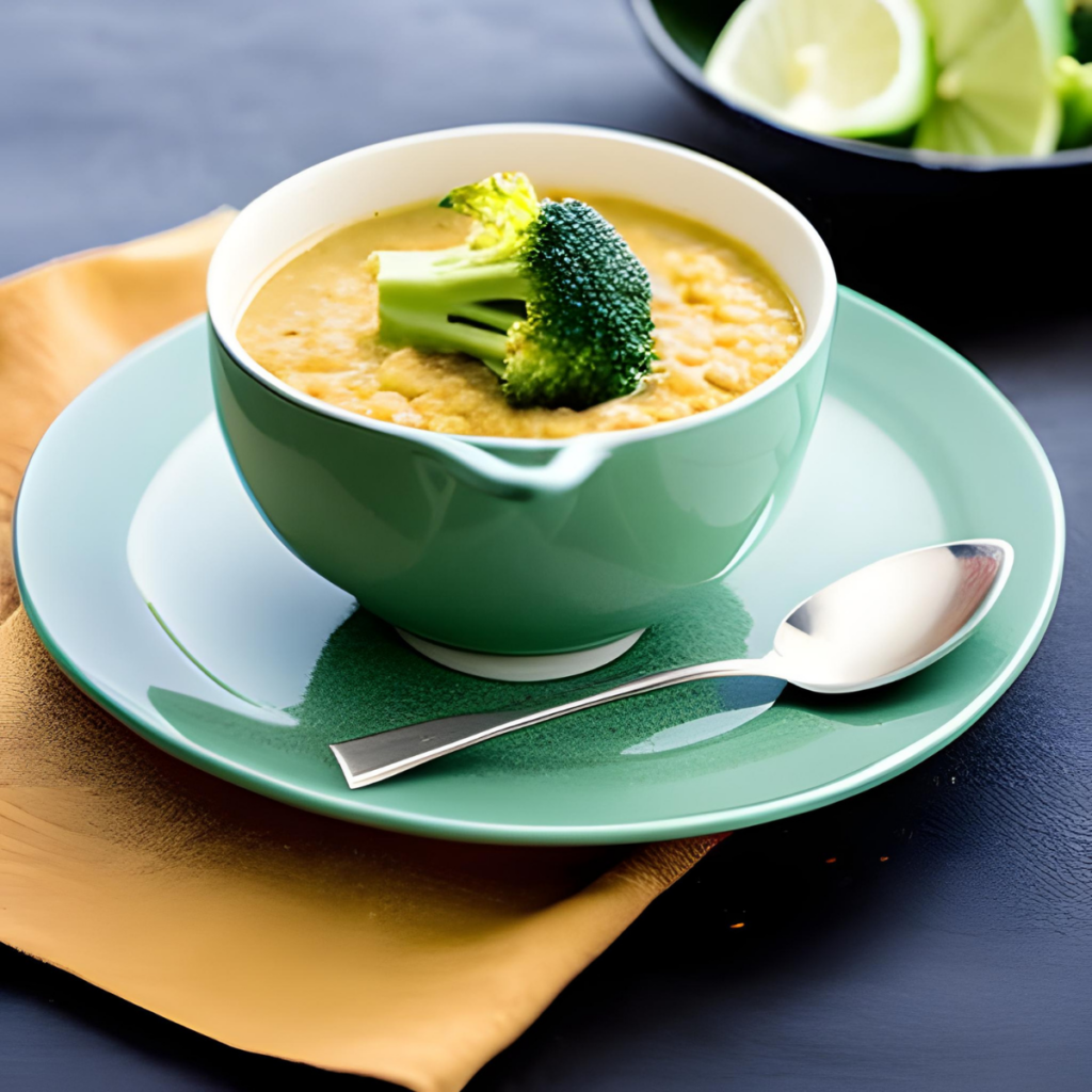 red lentil and broccoli soup in a teal coloured bowl on a matching saucer, with a spoon. 