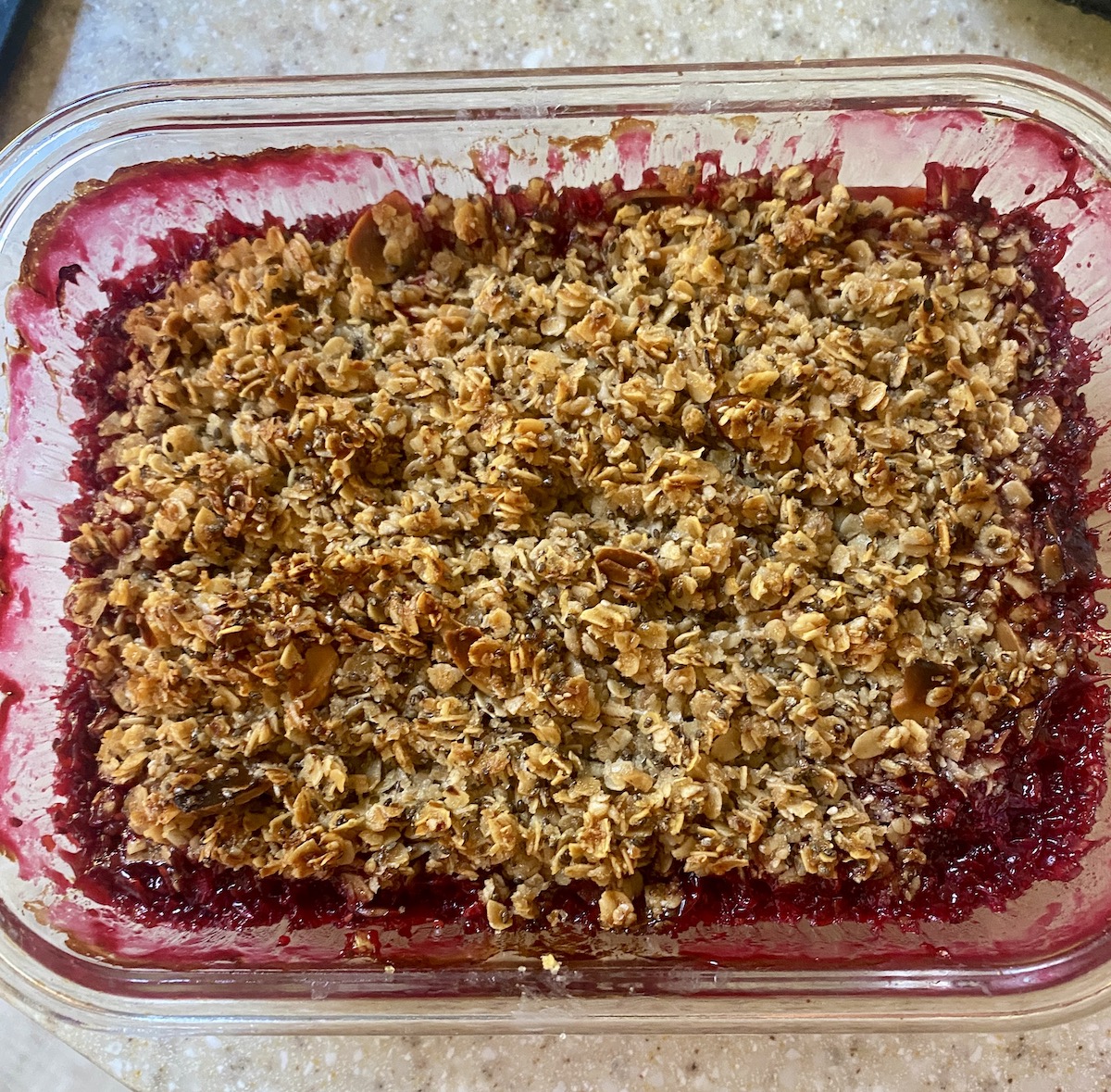 Loganberry crumble in a dish. 