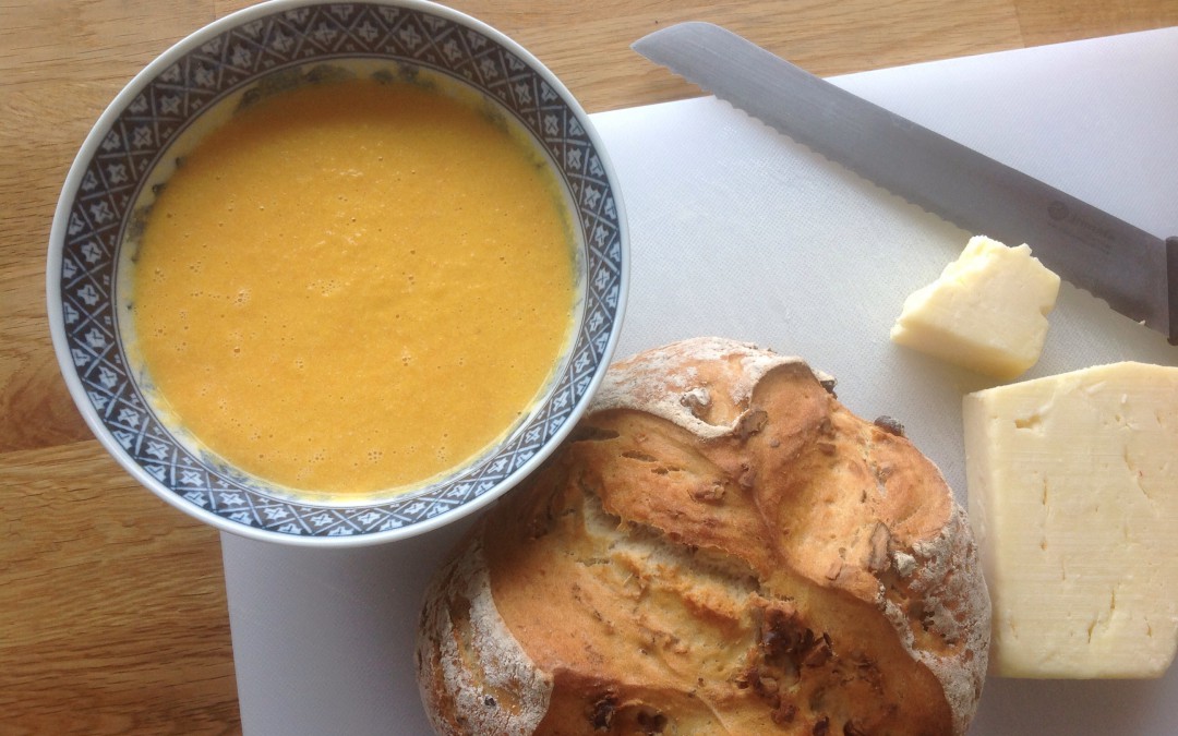 Raw Carrot, Apple and Cashew soup, with a Walnut Loaf & butter, 65p per serving. Plus how to stay on budget for the day