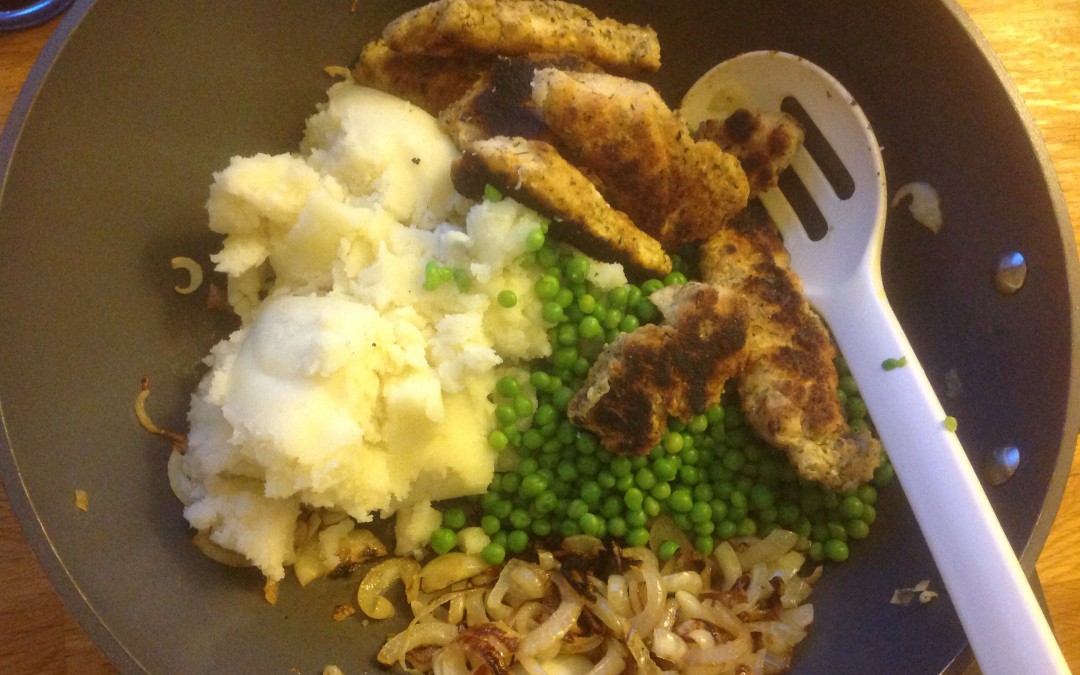 Home made herby chicken goujons, mash and peas, 97p. Plus how to stay on budget for the day