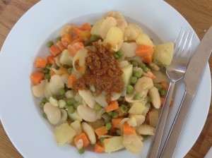 Butter Beans with Sauted Mixed Veg on a large white plate