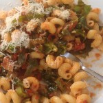 Yummy, filling and generous portions of Spring green pasta sauce with parmesan, 51p a head