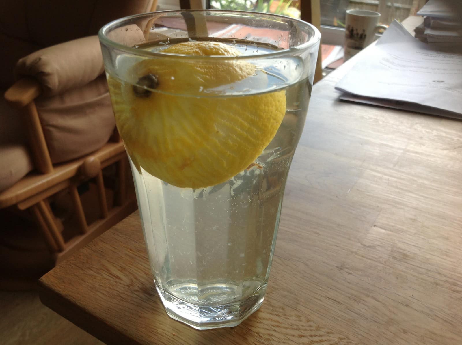 a glass of water with a lemon carcass floating in it