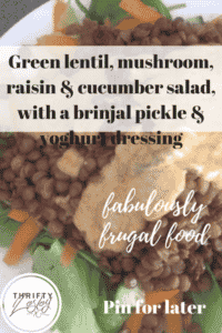 Green lentil, mushroom, raisin and cucumber salad, with a brinjal pickle and yoghurt dressing
