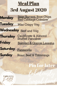 meal plan for week beg 3rd August 2020