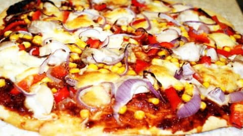 close up of a whole BBQ pizza