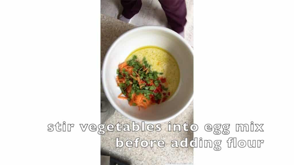Vegetable Muffins - mix vegetables in to wet ingredients, in a bowl