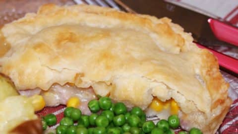 chicken and onion pie, with peas.