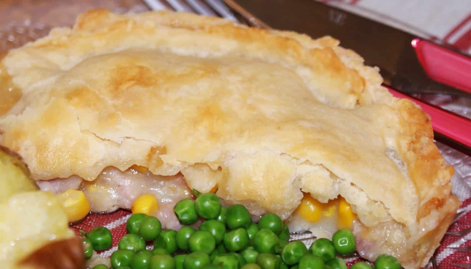 chicken and onion pie, with peas.