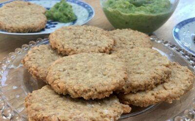 Peanut Oat Cakes with Roasted Onions and Green Pea Hummus