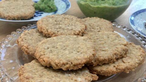 peaut oatcakes - on a plate with onion and peas