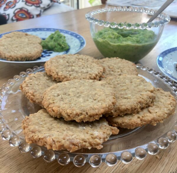 peaut oatcakes - on a plate with onion and peas