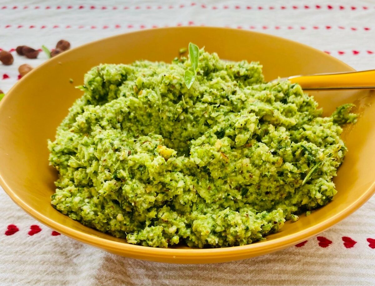 broccoli pesto - in yellow dish