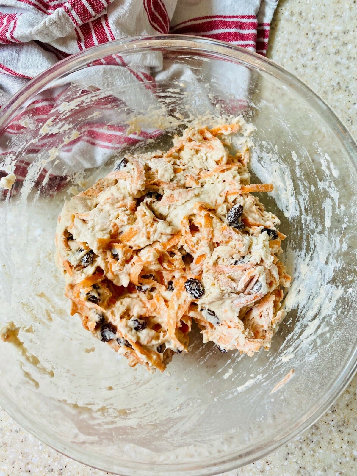 carrot and sultana loaf - ingredients mixed with water