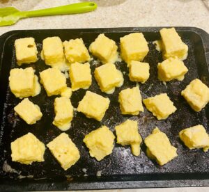 Soufflé Croûton Slice - cubes, ready to be frozen