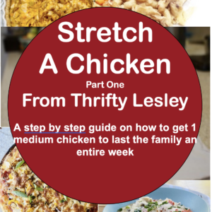 Front cover of an ebook on how to stretch a chicken to last a family of 4 a week.