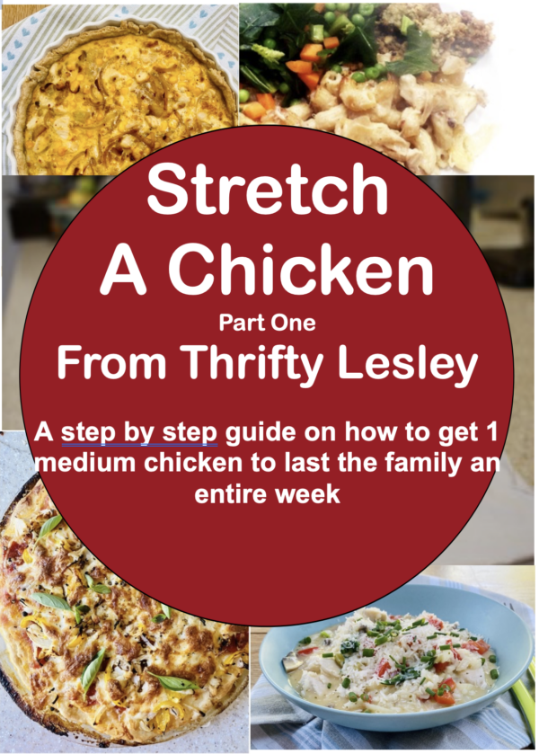 Front cover of an ebook on how to stretch a chicken to last a family of 4 a week.