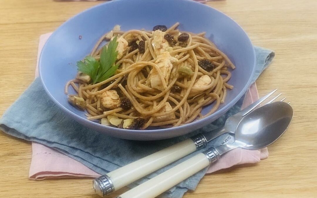 Sicilian Spaghetti Recipe with chicken, olives, sun-dried tomatoes, raisins and almonds