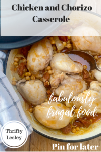 Pinterest image for chicken and chorizo casserole.