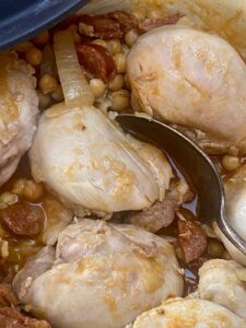 a close up shot of chicken and chorizo casserole.