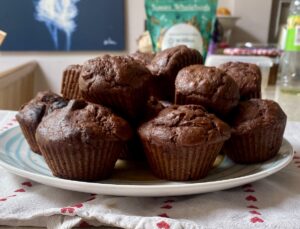 a pile of chocolate muffins on a plate.