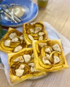 Four chicken, pesto, butternut squash tarts.