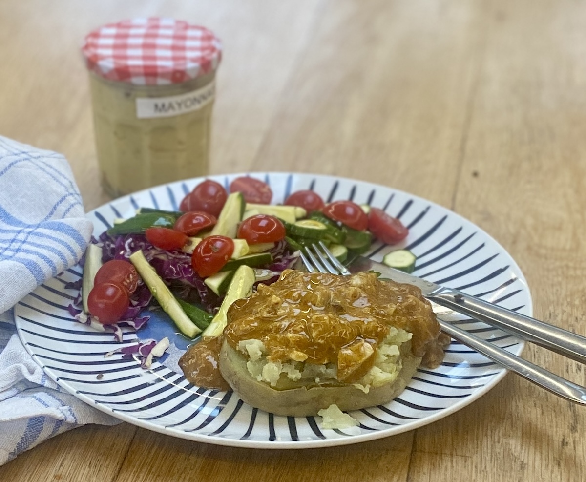 Coronation chicken on a baked potato.