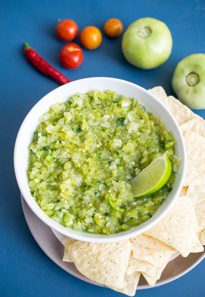 green tomato salas verde in a white dish. 