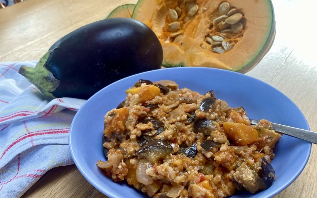 Aubergine (Eggplant) Risotto with winter squash or pumpkin