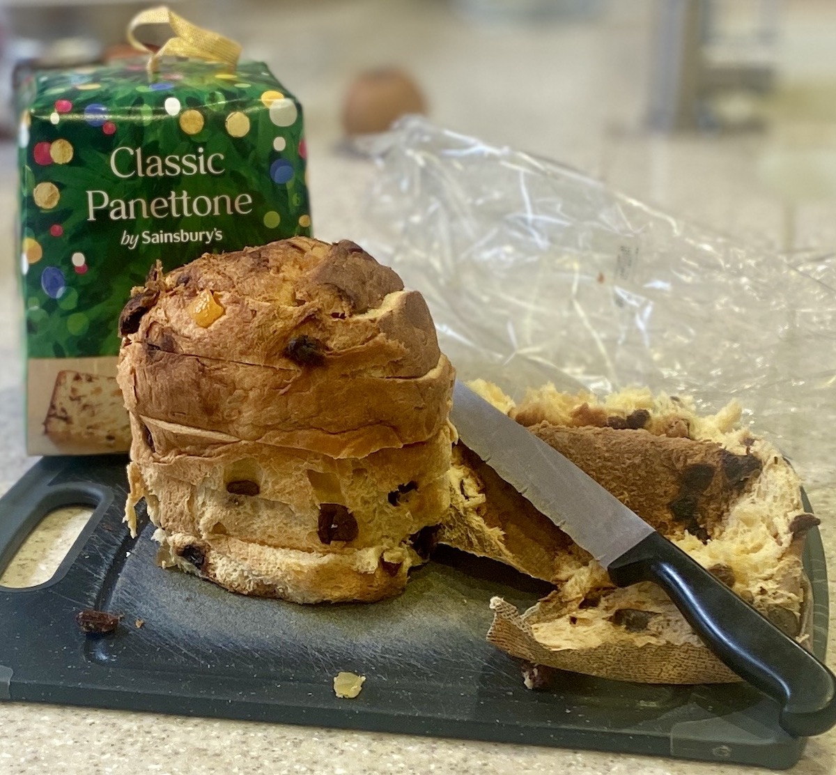 A panettone, sliced, ready to use in the tiramisu. 