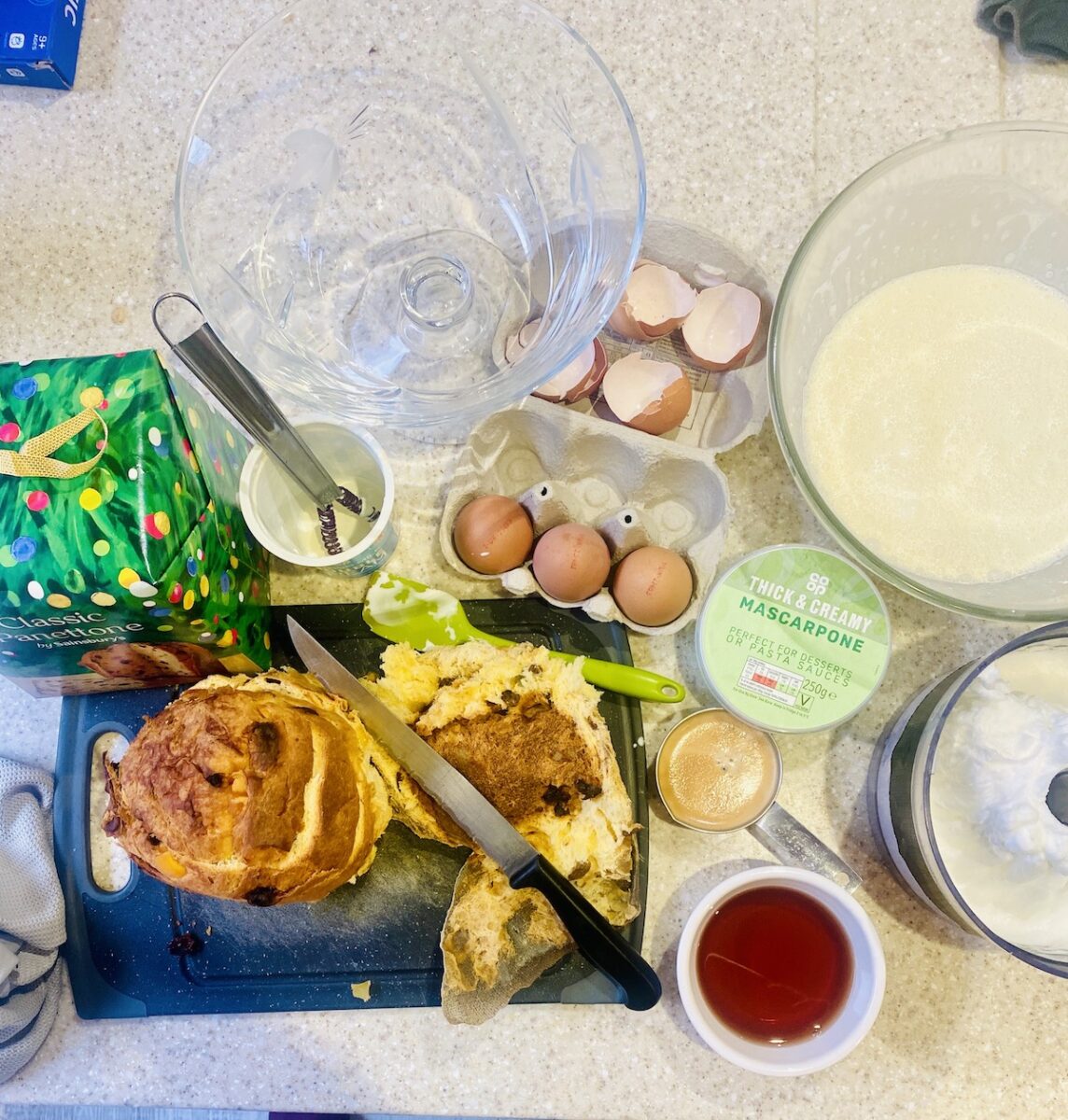 All the ingredients needs to make Tiramisu with Panettone.