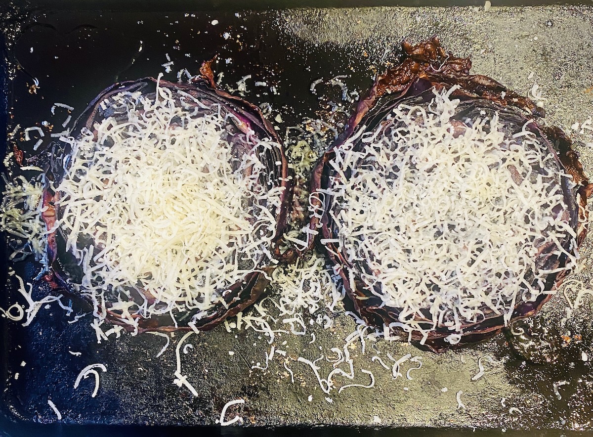 red cabbage steaks with parmesan on prior to cooking. 