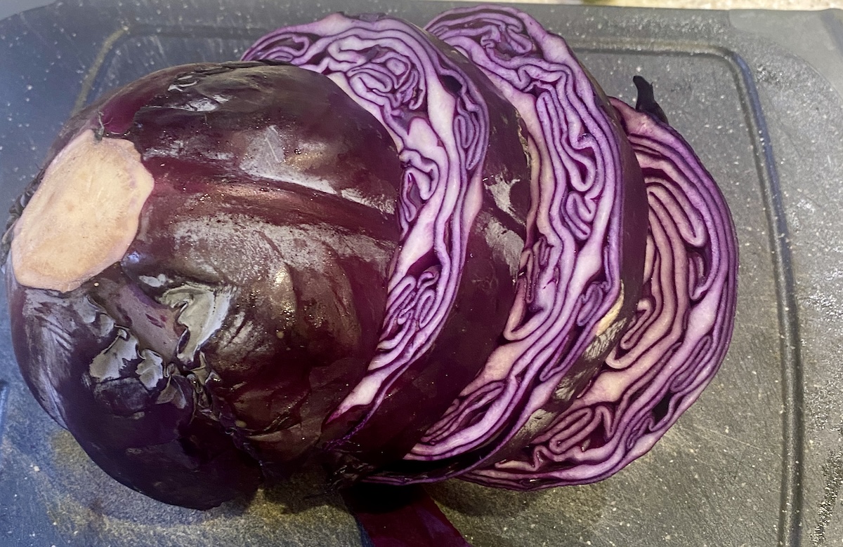 slices of raw red cabbage to make cabbage steaks. 