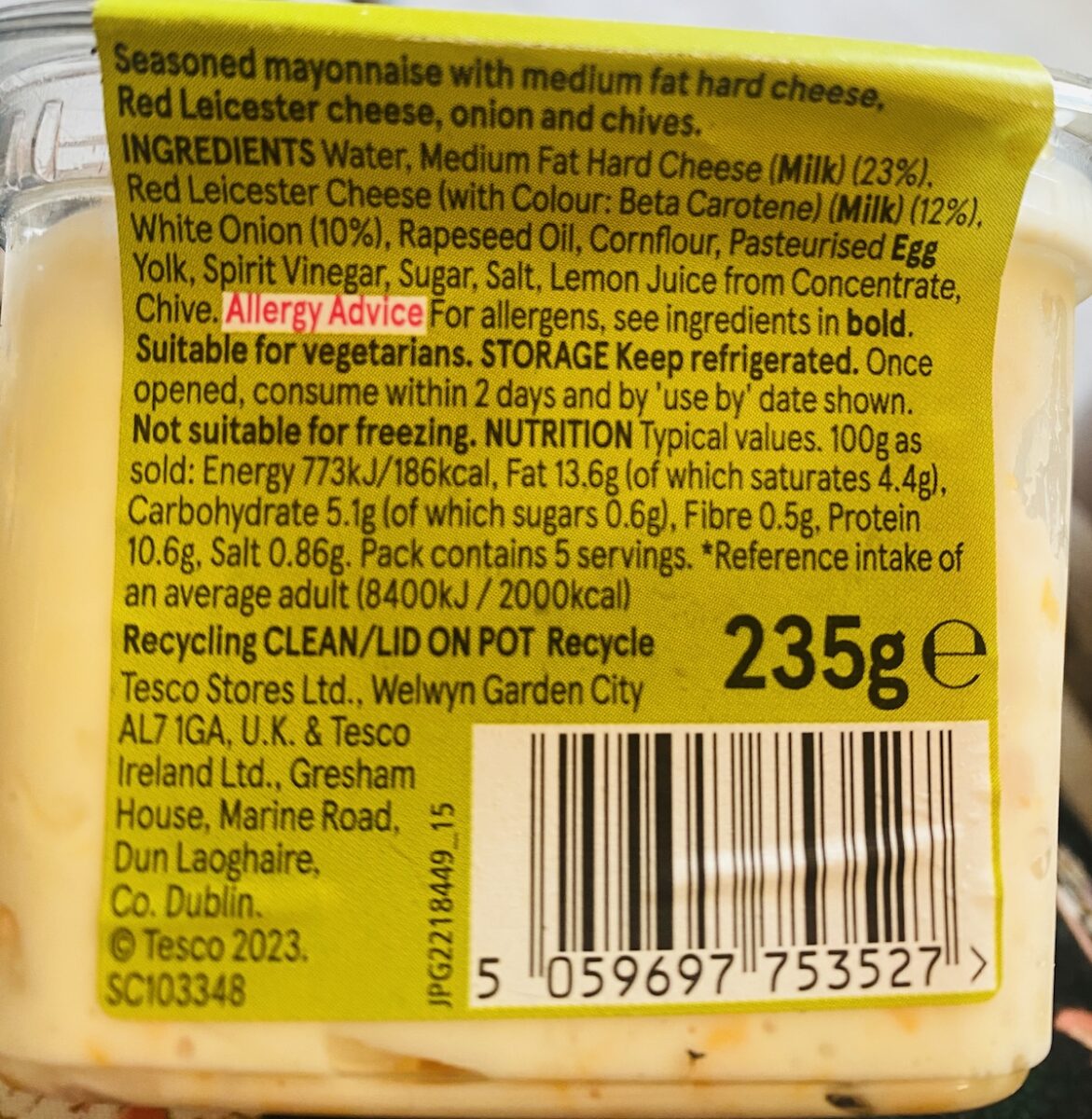 back of pot of purchase d cheese and onion filling.